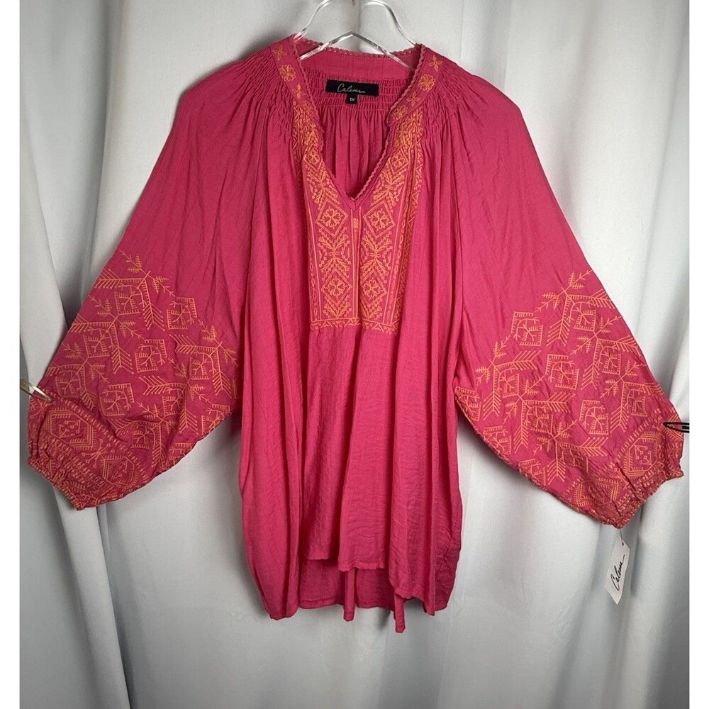 Calessa Fuchsia Orange Embroidery Pull Over Lightweight Top Blouse Sz 1X New